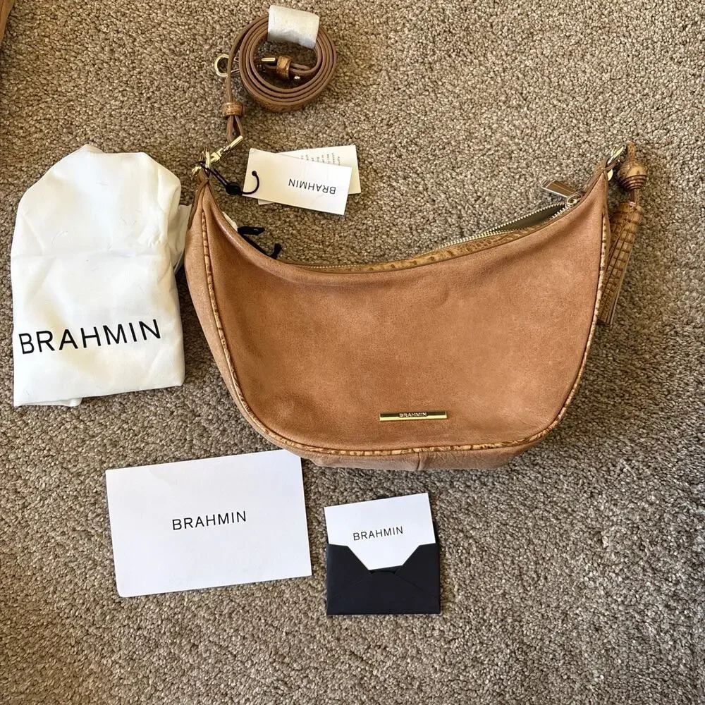 Brahmin Percy Tan Adrift Crescent‎ Crossbody Medium Handbag Leather Gold NWT